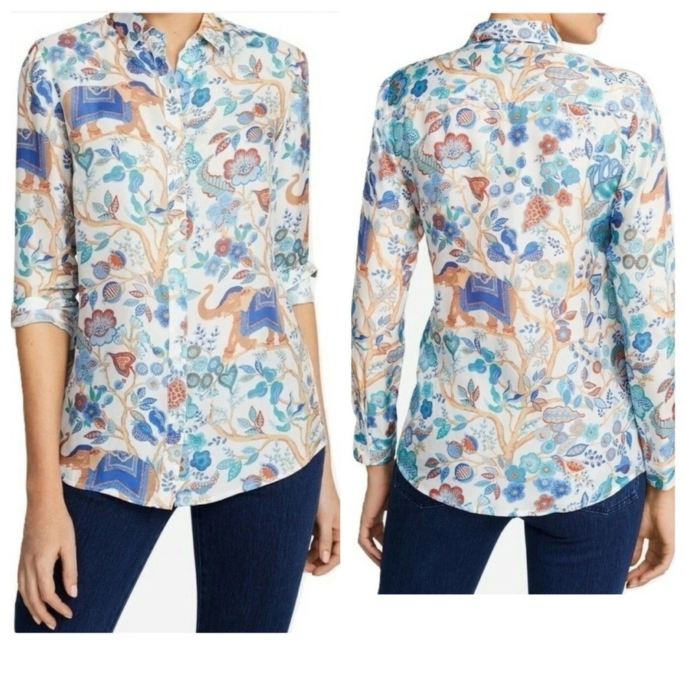 J. McLaughlin Lois Silk Shirt Aqua/Lt Blue/ Coral Sucre Blossom sz S Blouse Top